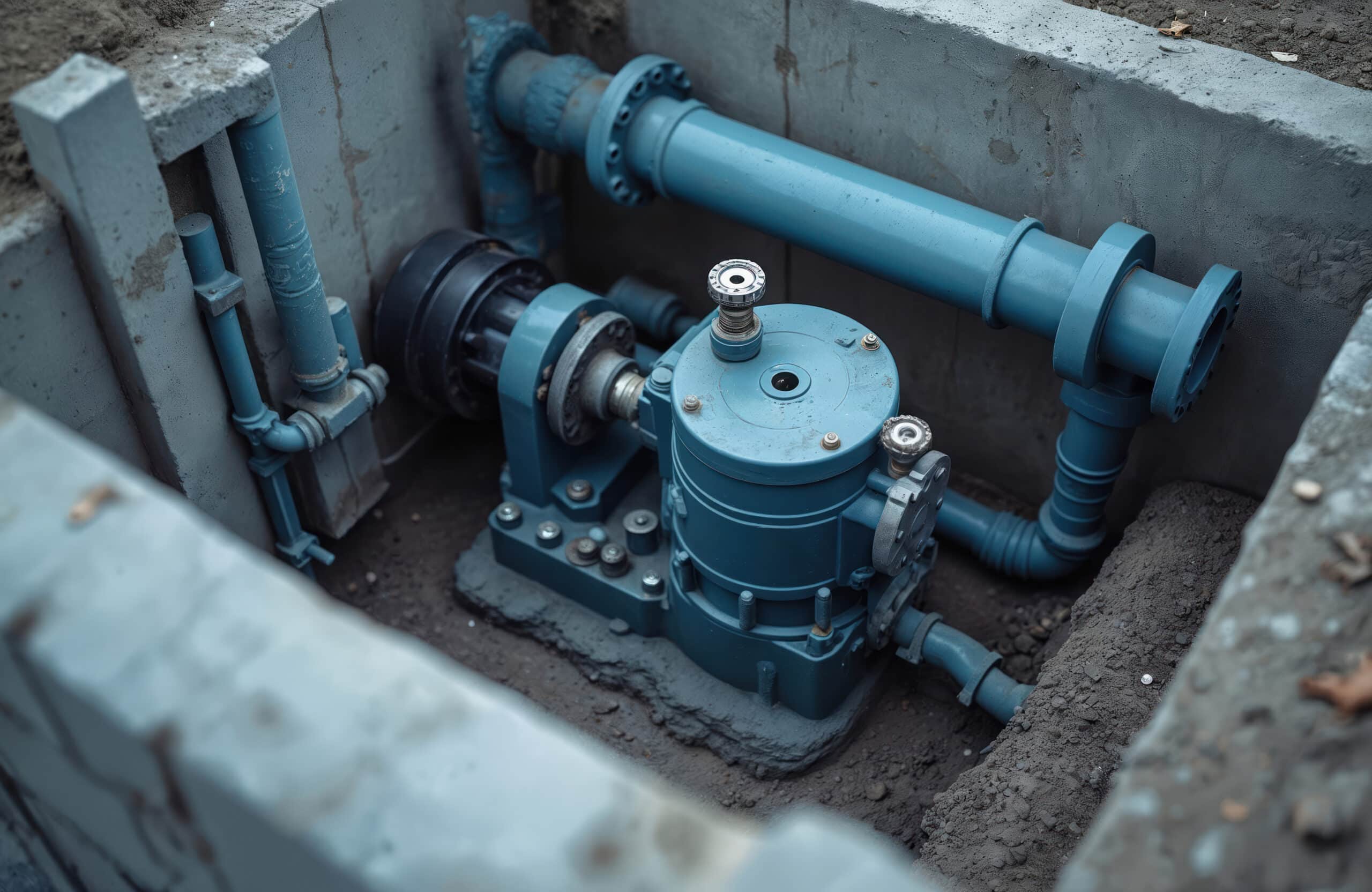 Close-up of a blue industrial water pump with pipes in a concrete pit, surrounded by soil and concrete walls.
